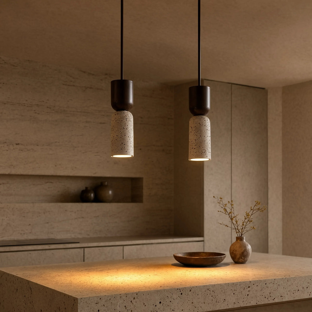 Ségeste narrow travertine and dark wood pendant light – shown in a kitchen