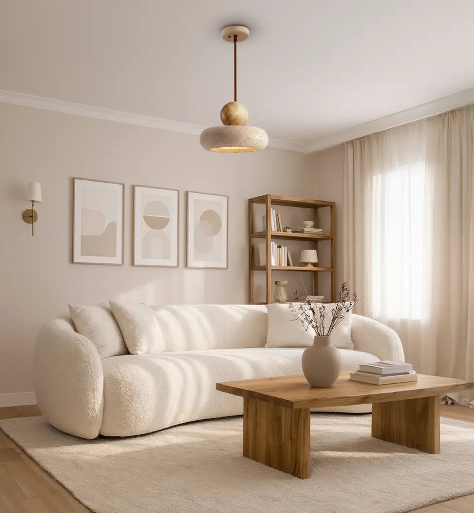 Lipari travertine and light wood ball pendant light – shown in a living room