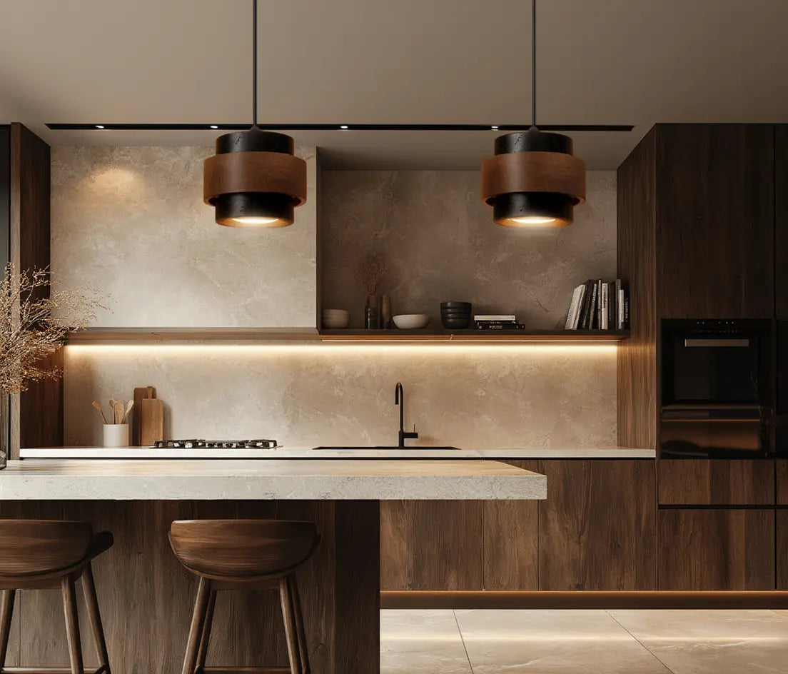 Saturnia tiered travertine and dark wood pendant light – shown in a kitchen
