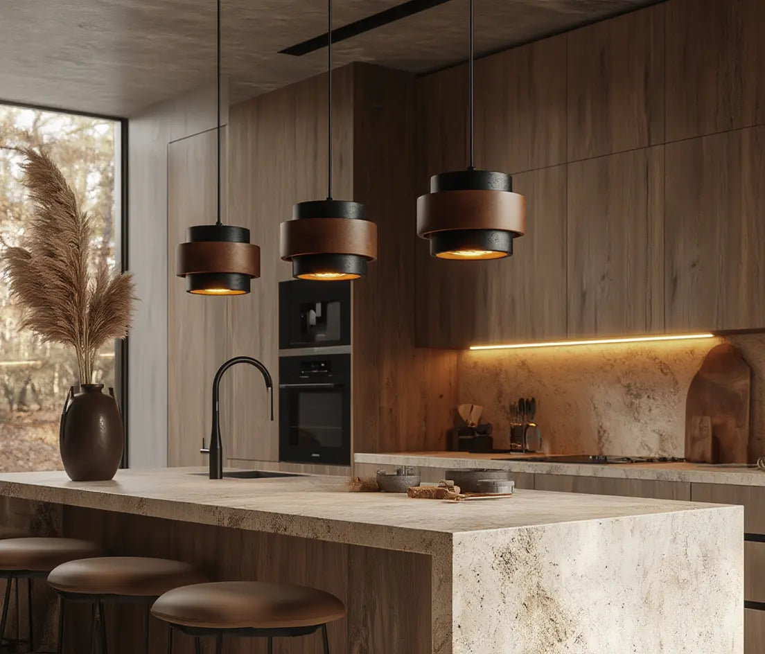 Saturnia tiered travertine and dark wood pendant light – shown in a kitchen (3)