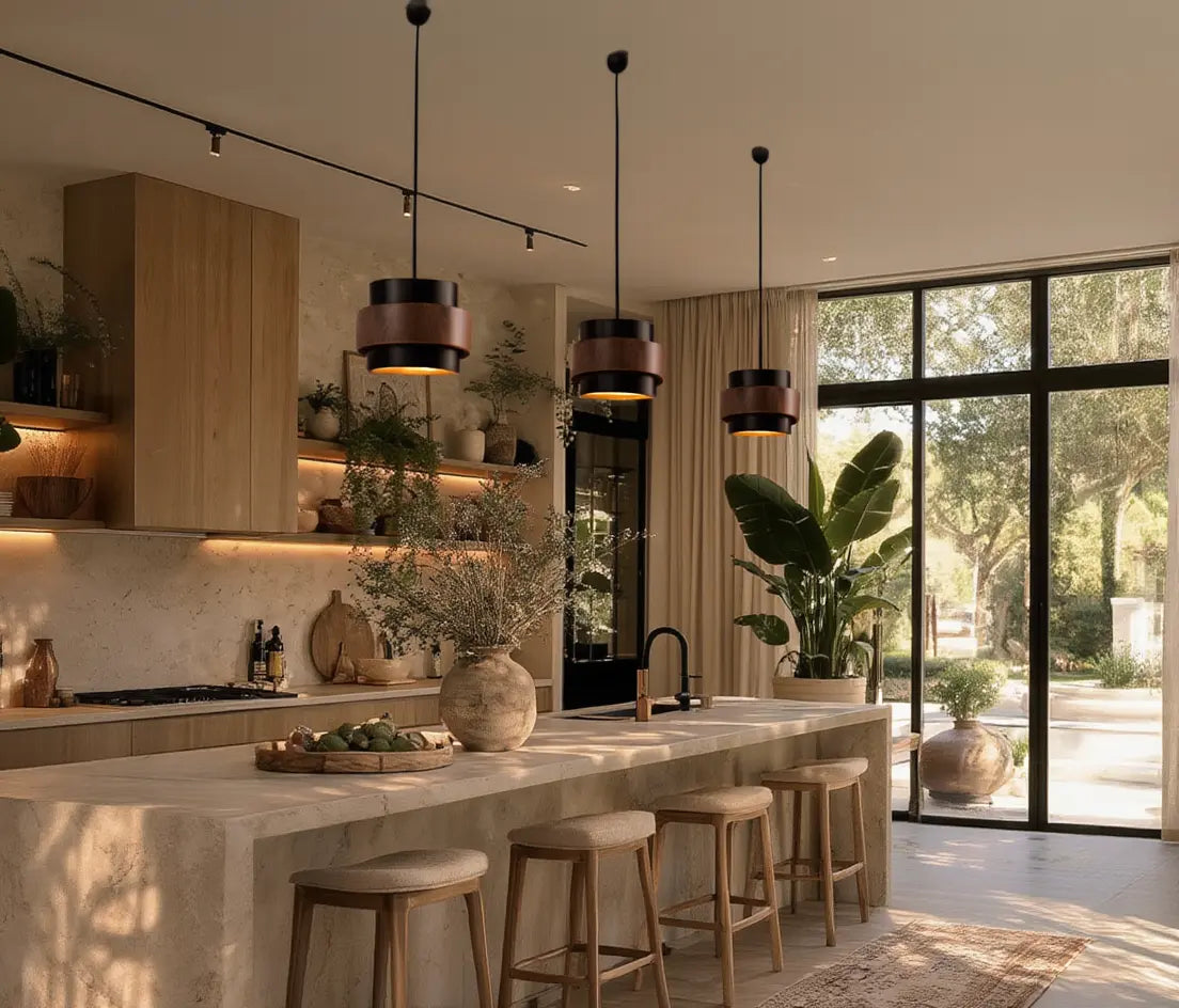Saturnia tiered travertine and dark wood pendant light – shown in a kitchen (4)