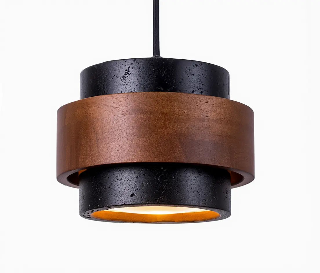 Saturnia tiered travertine and dark wood pendant light – black travertine variant, another view