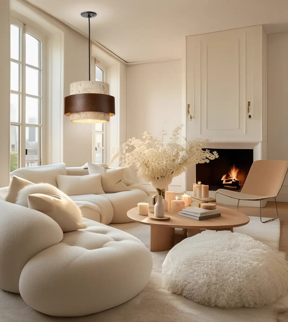 Saturnia tiered travertine and dark wood pendant light – shown in a living room