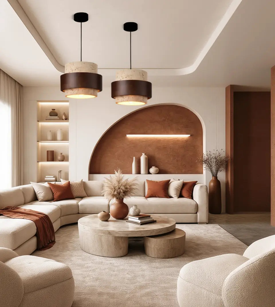 Saturnia tiered travertine and dark wood pendant light – shown in a living room (2)