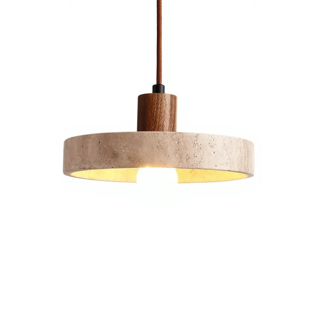 Sole travertine and walnut saucer pendant light