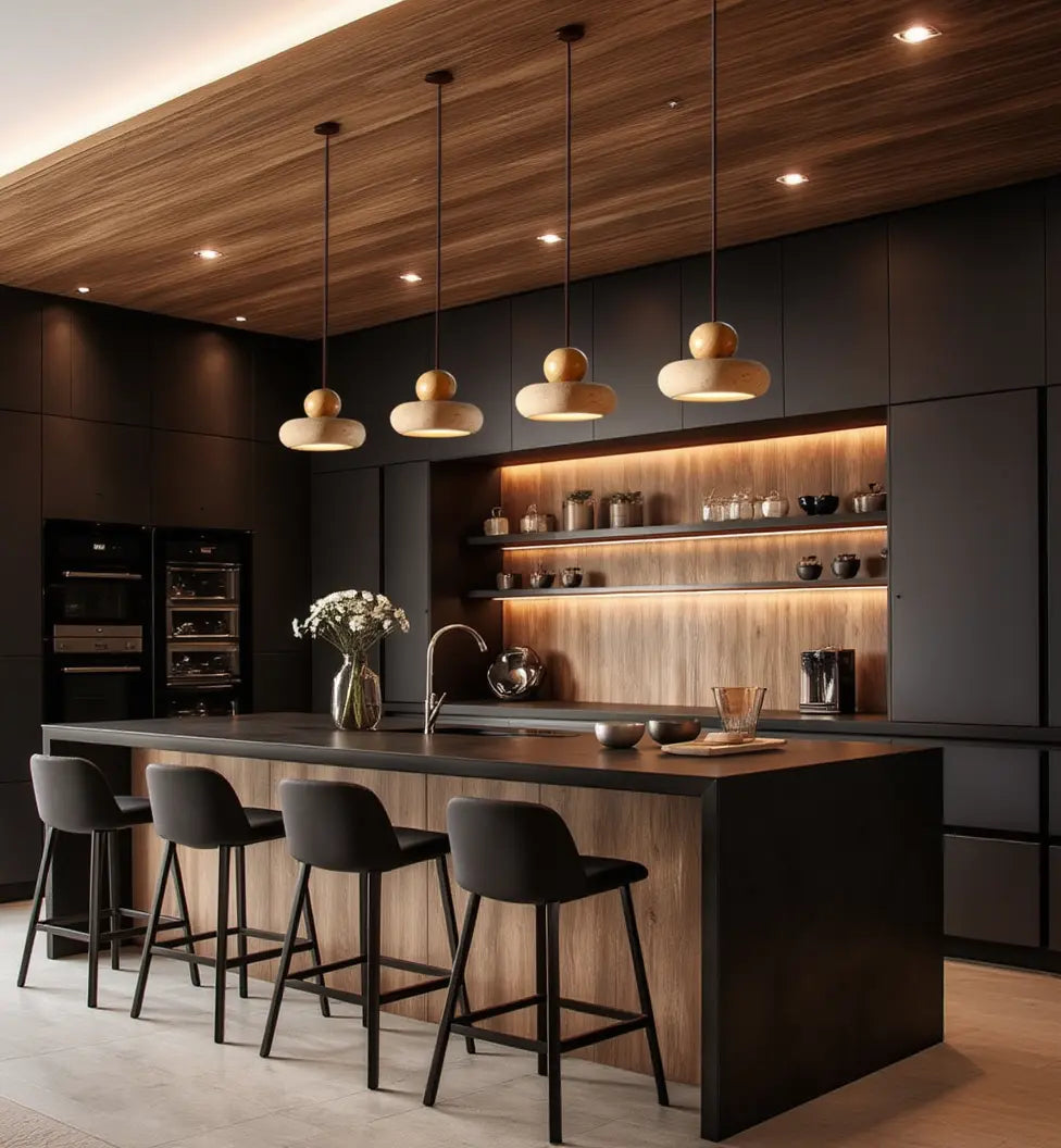 Lipari travertine and light wood ball pendant light – shown in a kitchen (2)