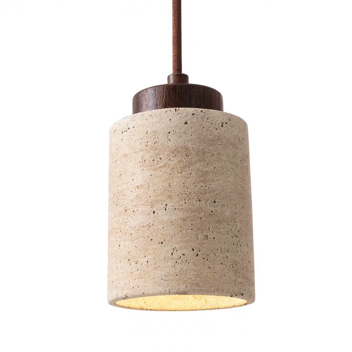 Paestum travertine cylinder pendant light with dark wood cap