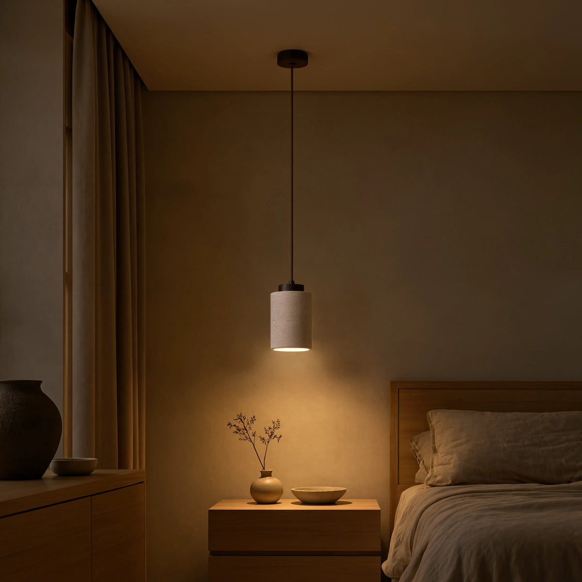 Paestum travertine cylinder pendant light with dark wood cap – shown in a bedroom (2)