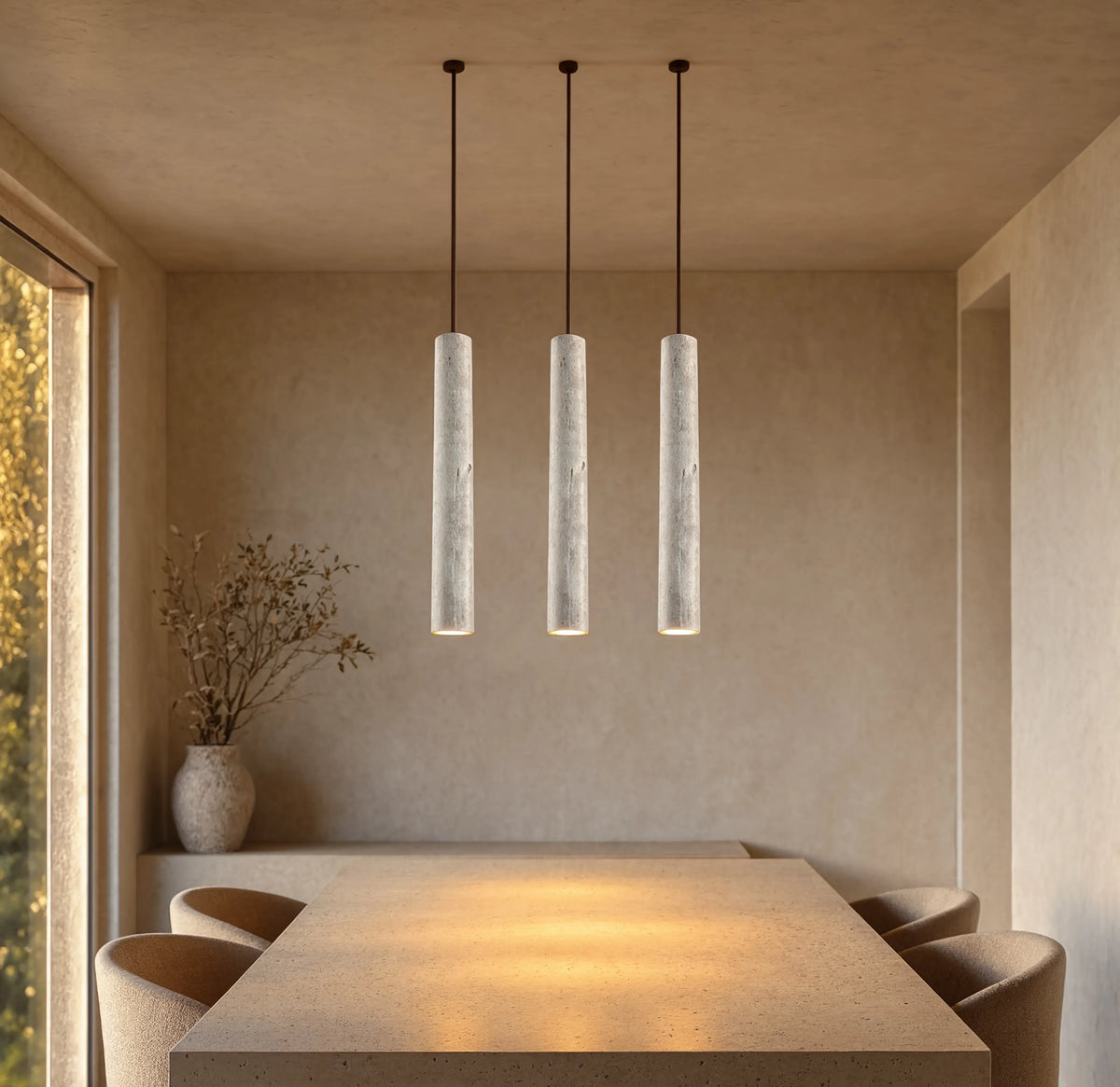 Cumes long travertine tube pendant light – shown in a dining room (2)