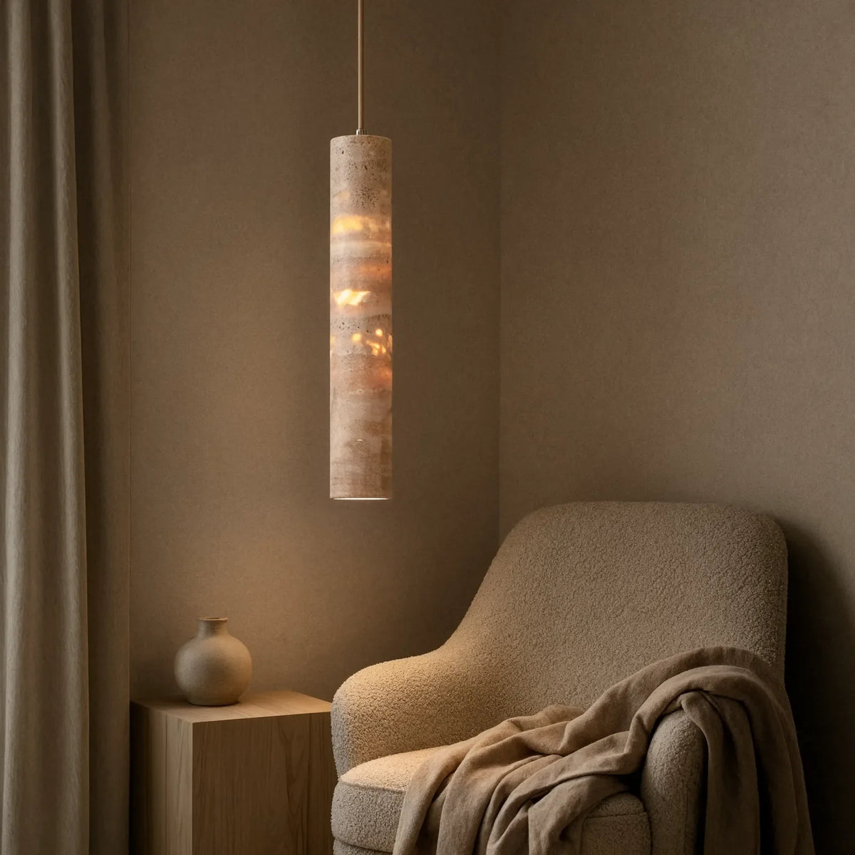 Camarina slim travertine tube pendant light – shown lit in a room setting
