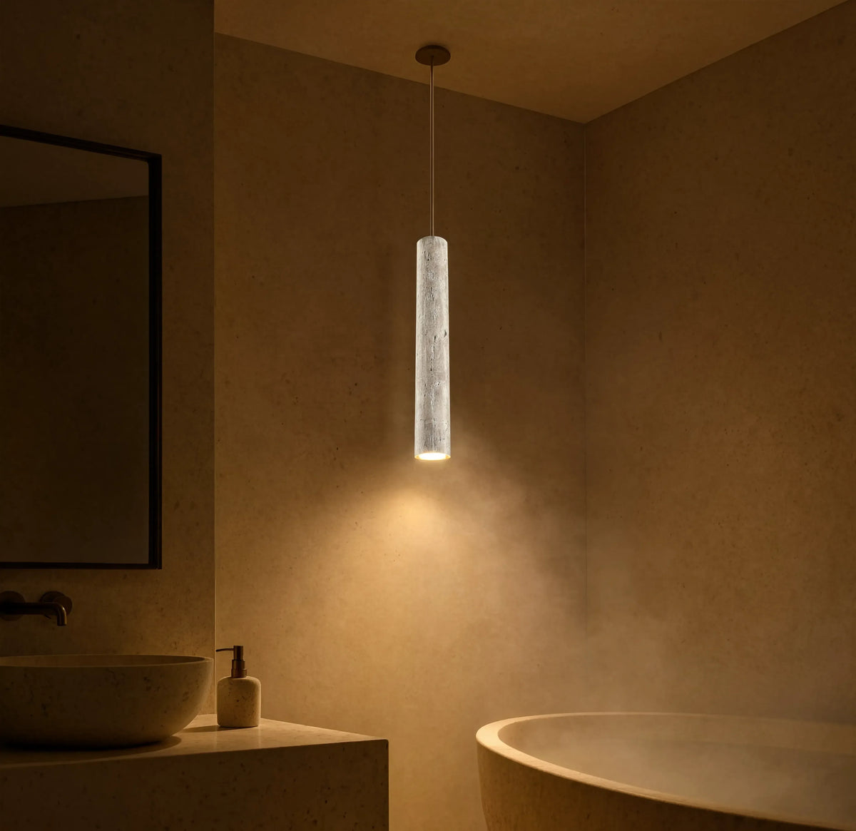 Cumes long travertine tube pendant light – shown in a bathroom