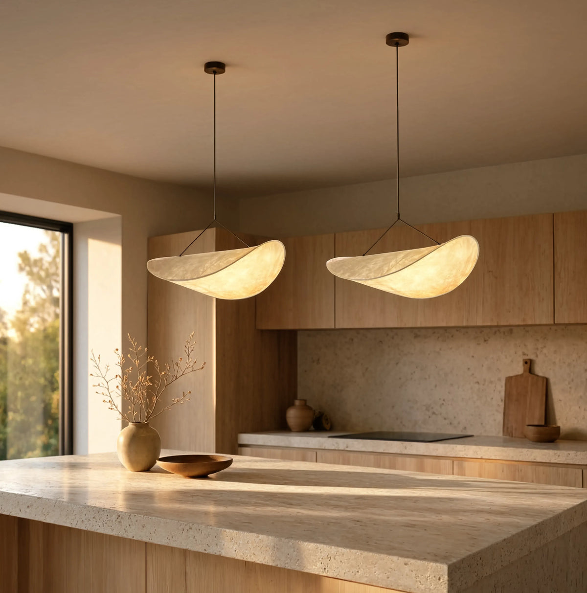 Cythère gold fabric sail pendant light – shown in a kitchen