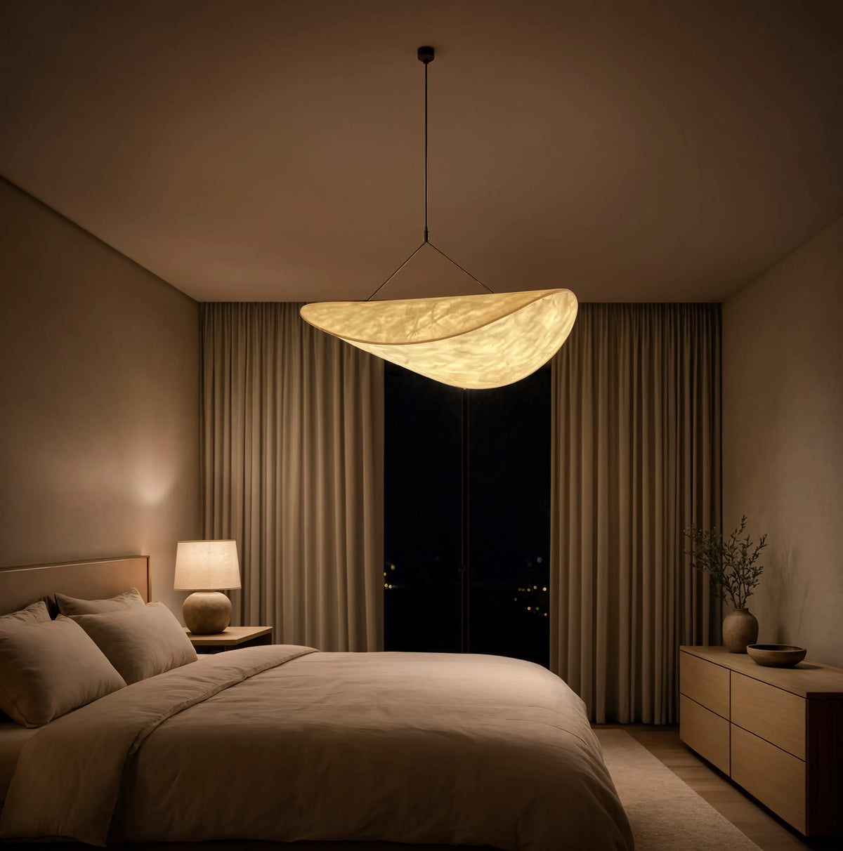 Cythère ecru fabric sail pendant light – shown in a bedroom
