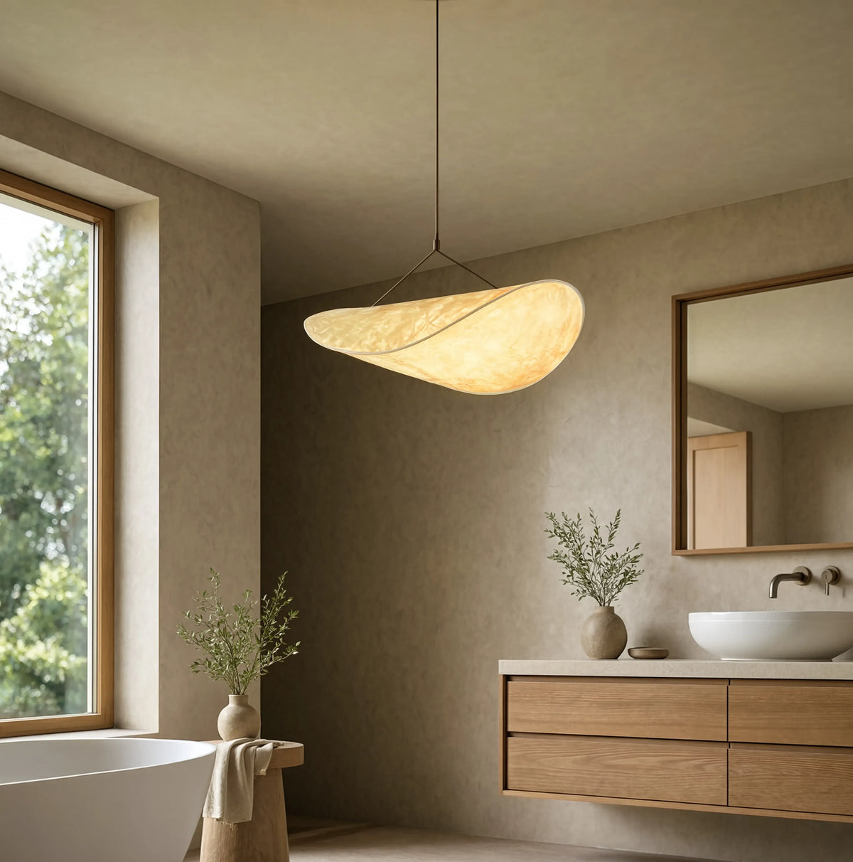 Cythère ecru fabric sail pendant light – shown in a bathroom