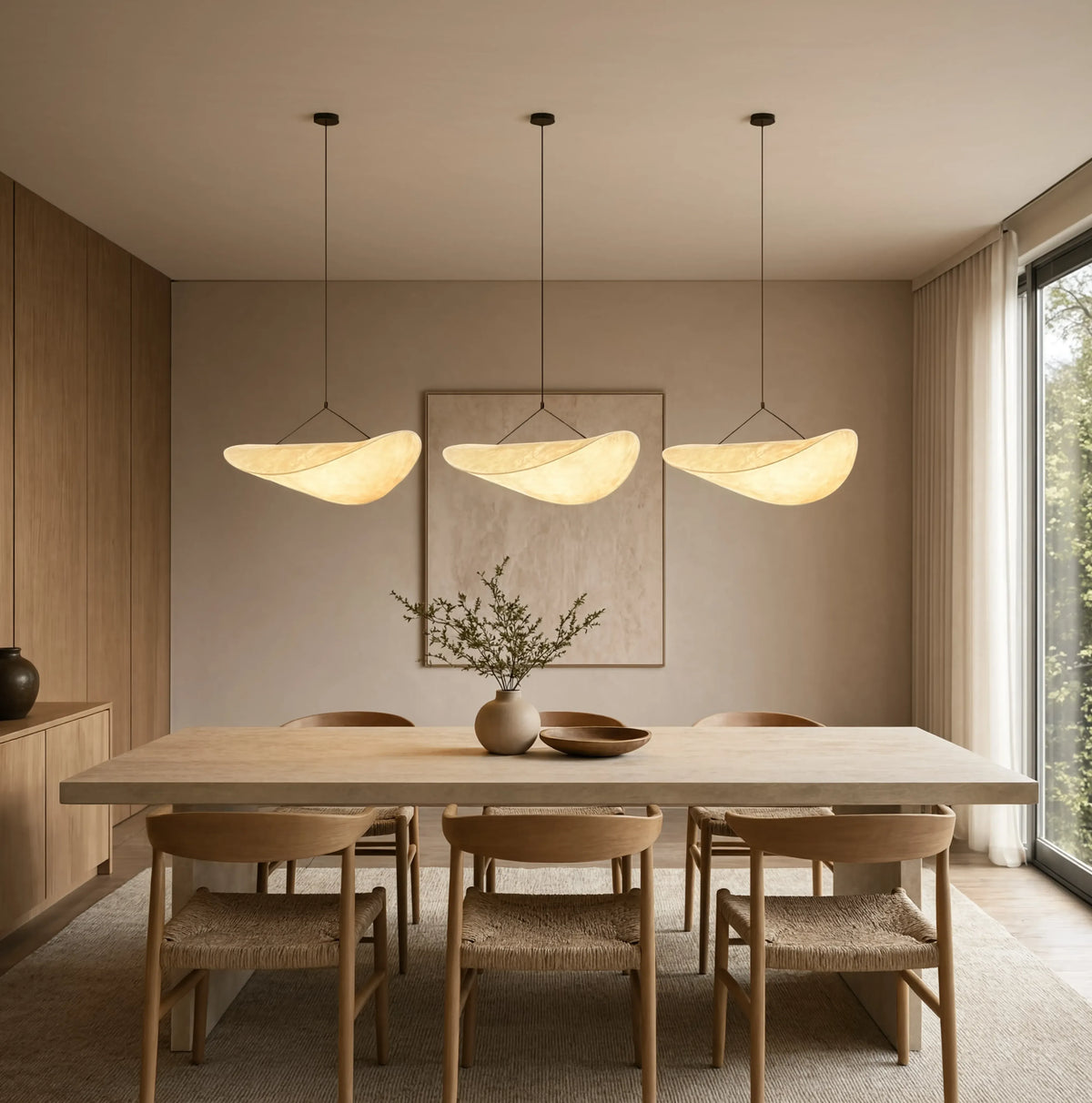 Cythère ecru fabric sail pendant light – shown in a dining room