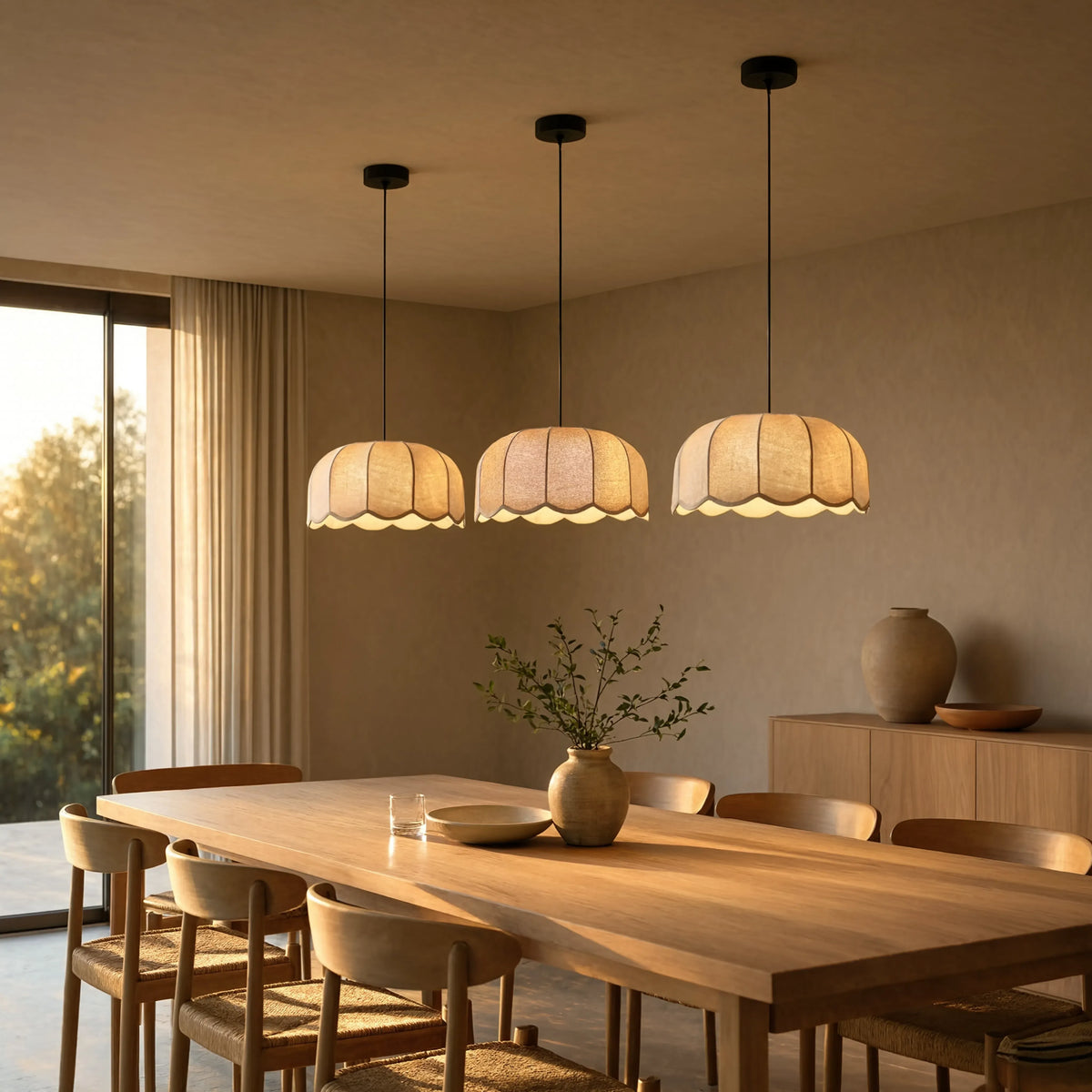 Ischia scalloped gold fabric pendant light – shown in a dining room