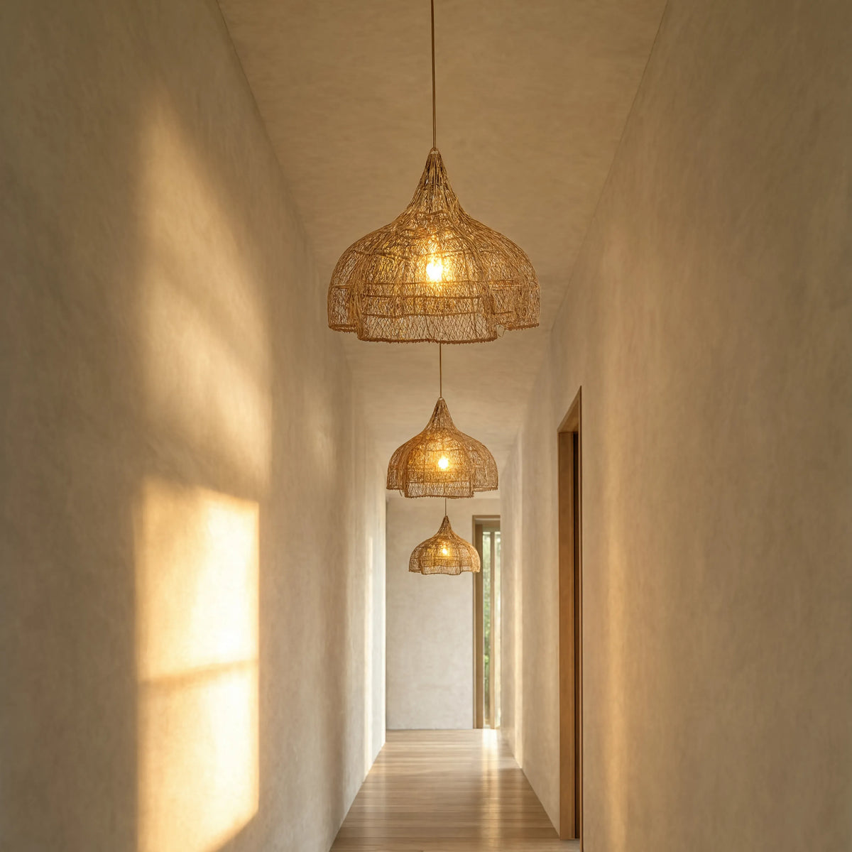 Taormine handwoven scalloped rattan pendant light – shown in a hallway