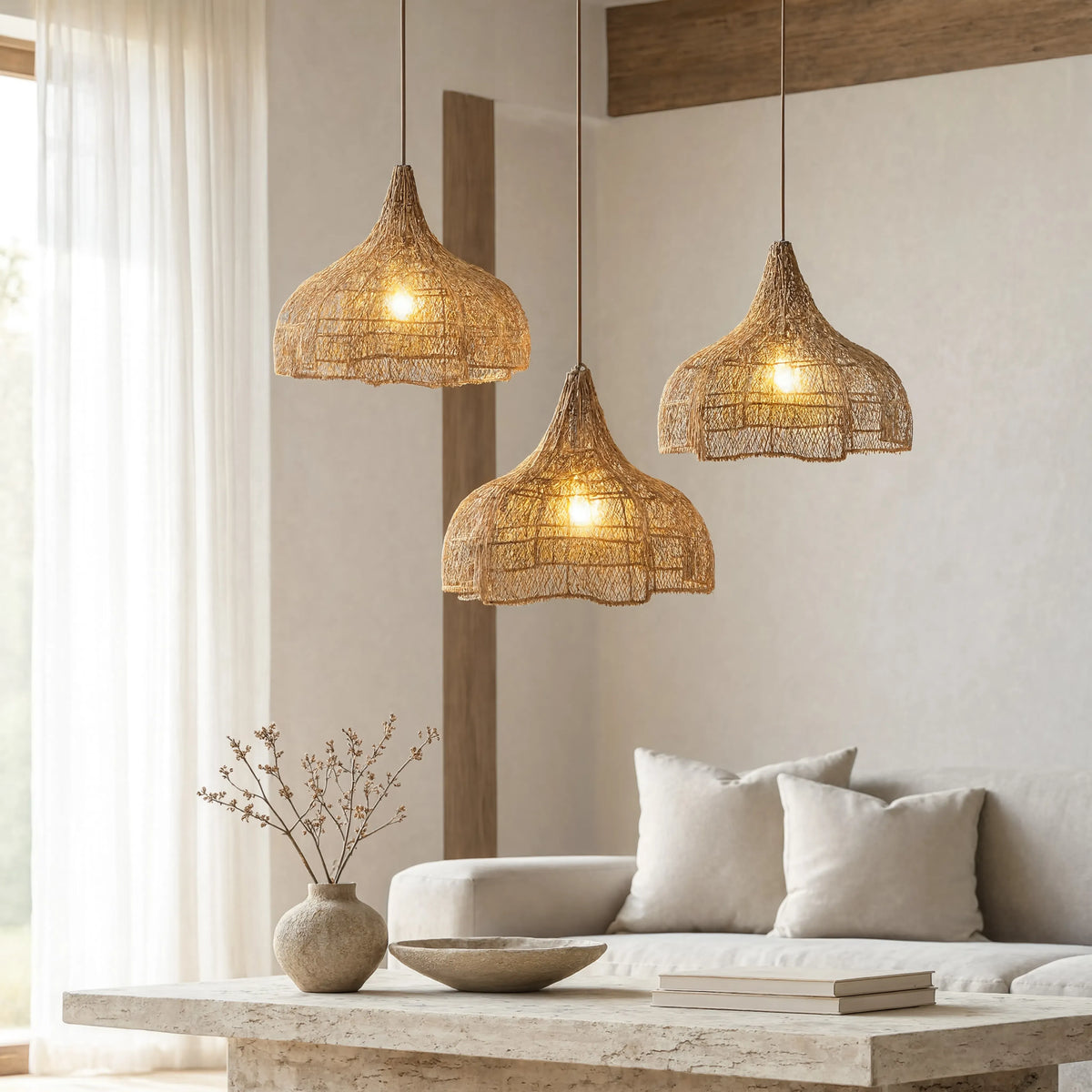 Taormine handwoven scalloped rattan pendant light – shown in a living room