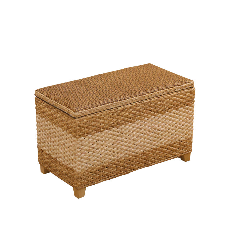 Rectangular hand-braided rattan storage stool with a removable lid