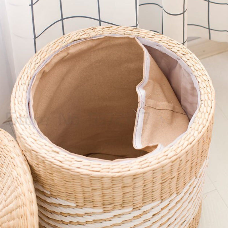 Round beige and white rattan storage stool with a lid – close-up detail