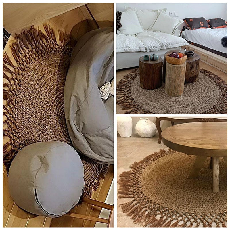 Retro round natural jute floor rug – multiple views