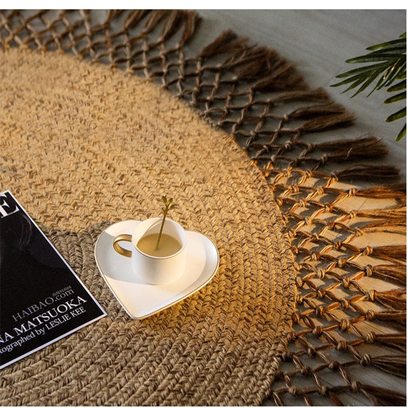 Retro round natural jute floor rug – shown in a room setting