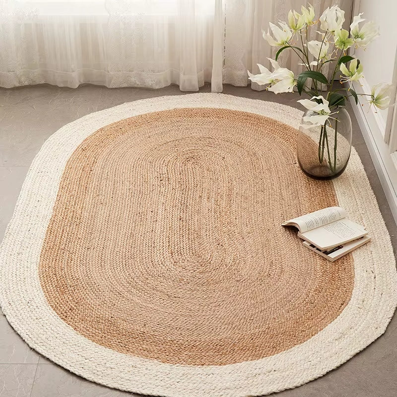 Golden pastoral wicker-look woven rug – shown in a room setting