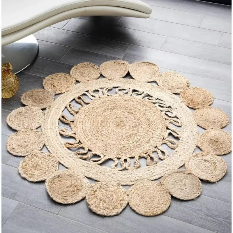Neutral wicker-look woven rug with warm highlights