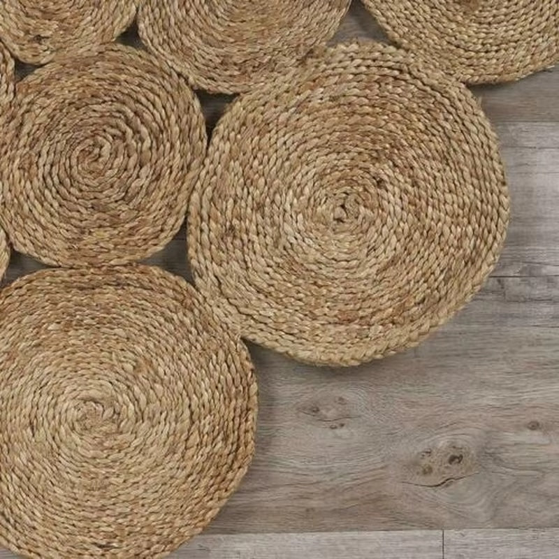 Round wicker rug with handwoven concentric circles – multiple views