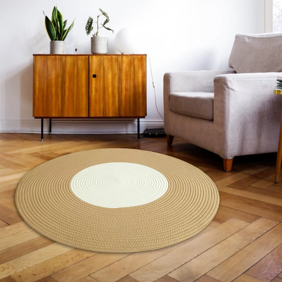 Small round Japanese-style golden wicker rug – shown in a room setting