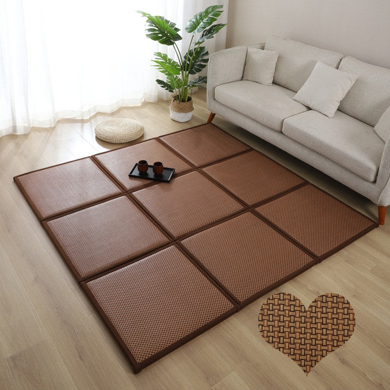 Thick folding Japanese-style rattan mat – brown variant, shown in a room setting
