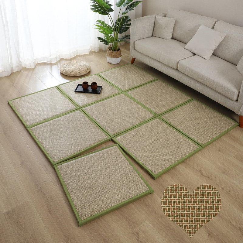 Thick folding Japanese-style rattan mat – green variant, shown in a room setting