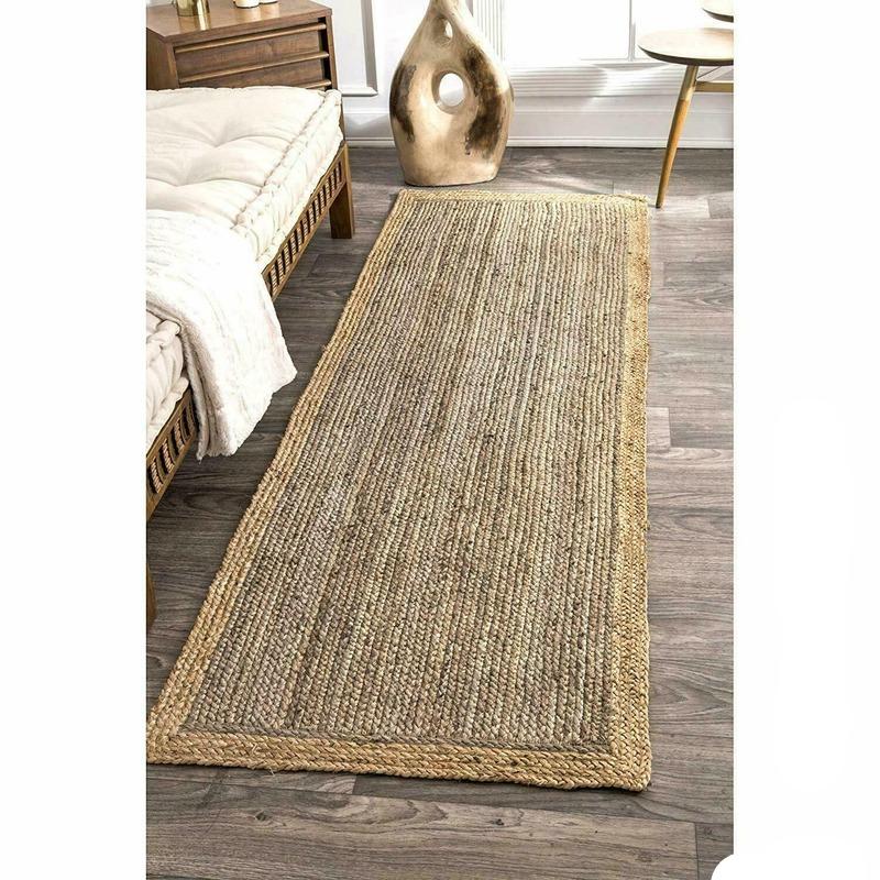 Two-tone beige rectangular rattan rug – shown in a room setting
