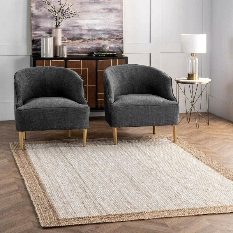 Square white and beige handwoven rattan rug – shown in a room setting