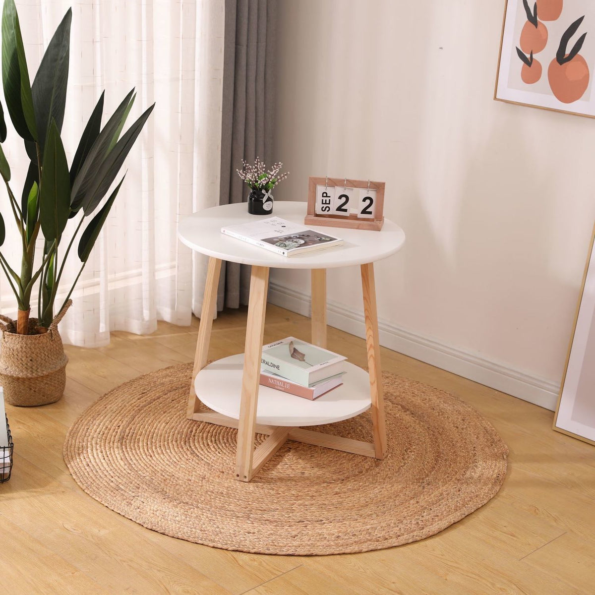 Round light honey rattan rug with a relief texture – shown in a room setting (4)