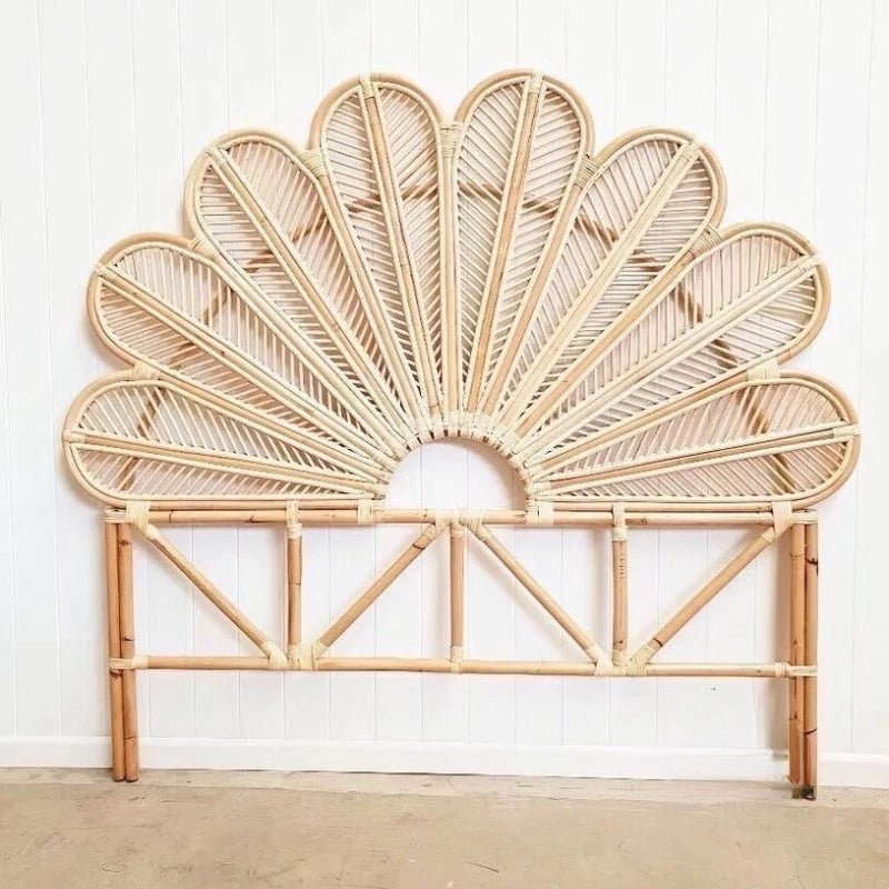 Rattan headboard with hand-braided fanned petals