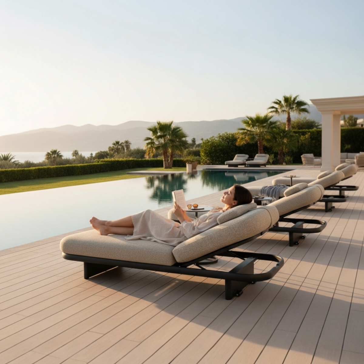 Small tray for the Rosa beige aluminum chaise lounge with wheels – shown outdoors