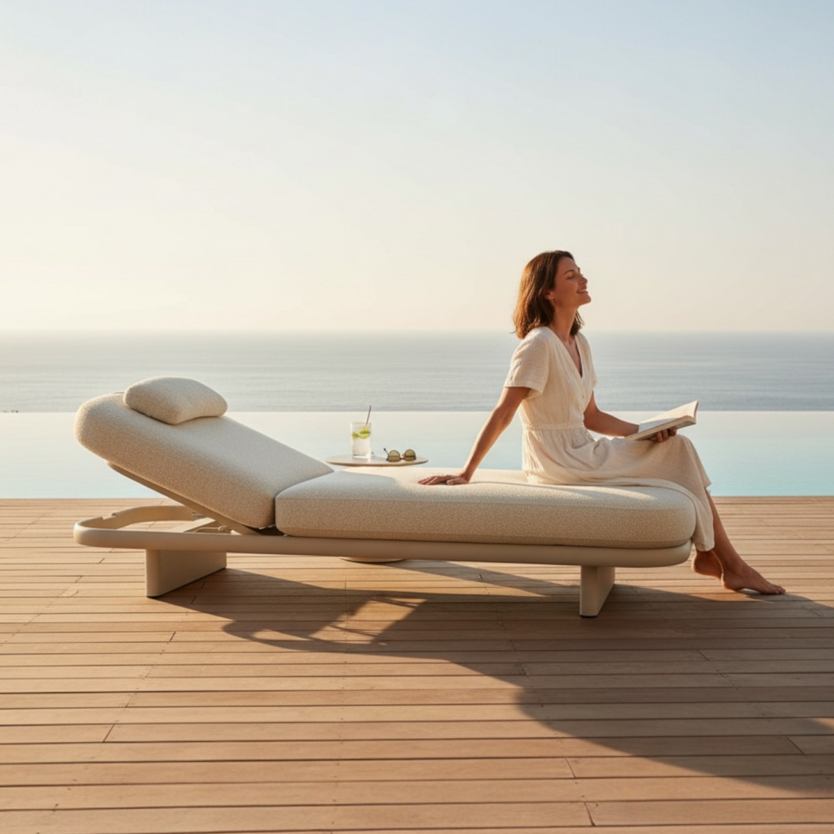 Rosa beige aluminum chaise lounge with wheels – shown outdoors (2)