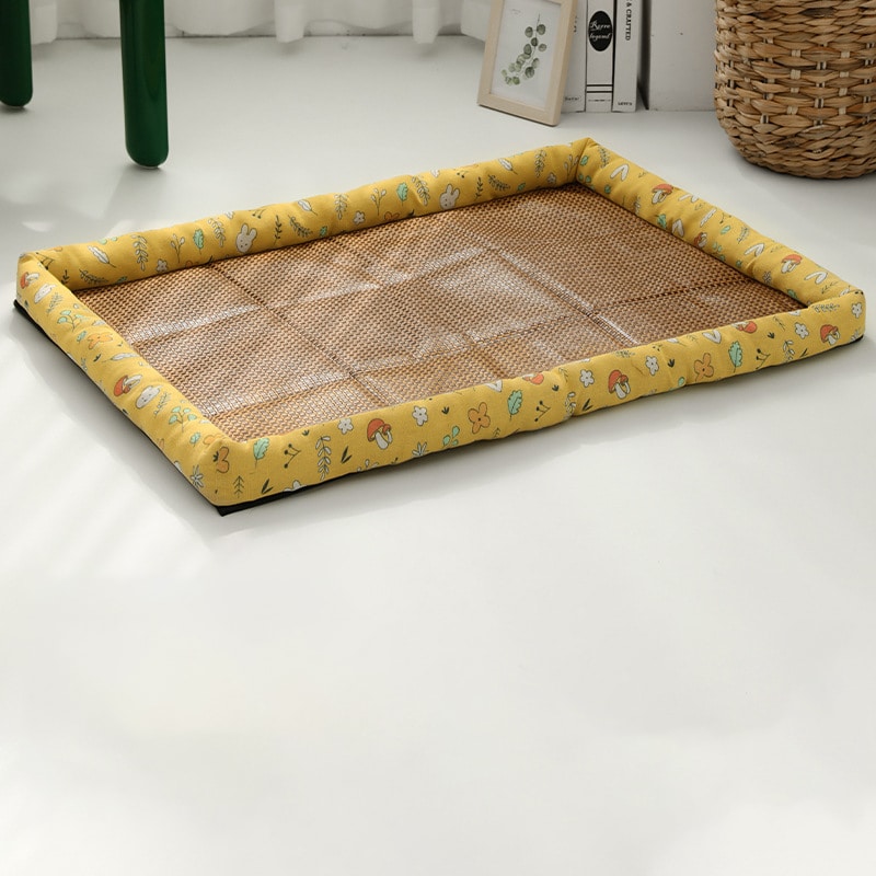 Airy summer rattan cat bed with a soft cushion – yellow variant, another view