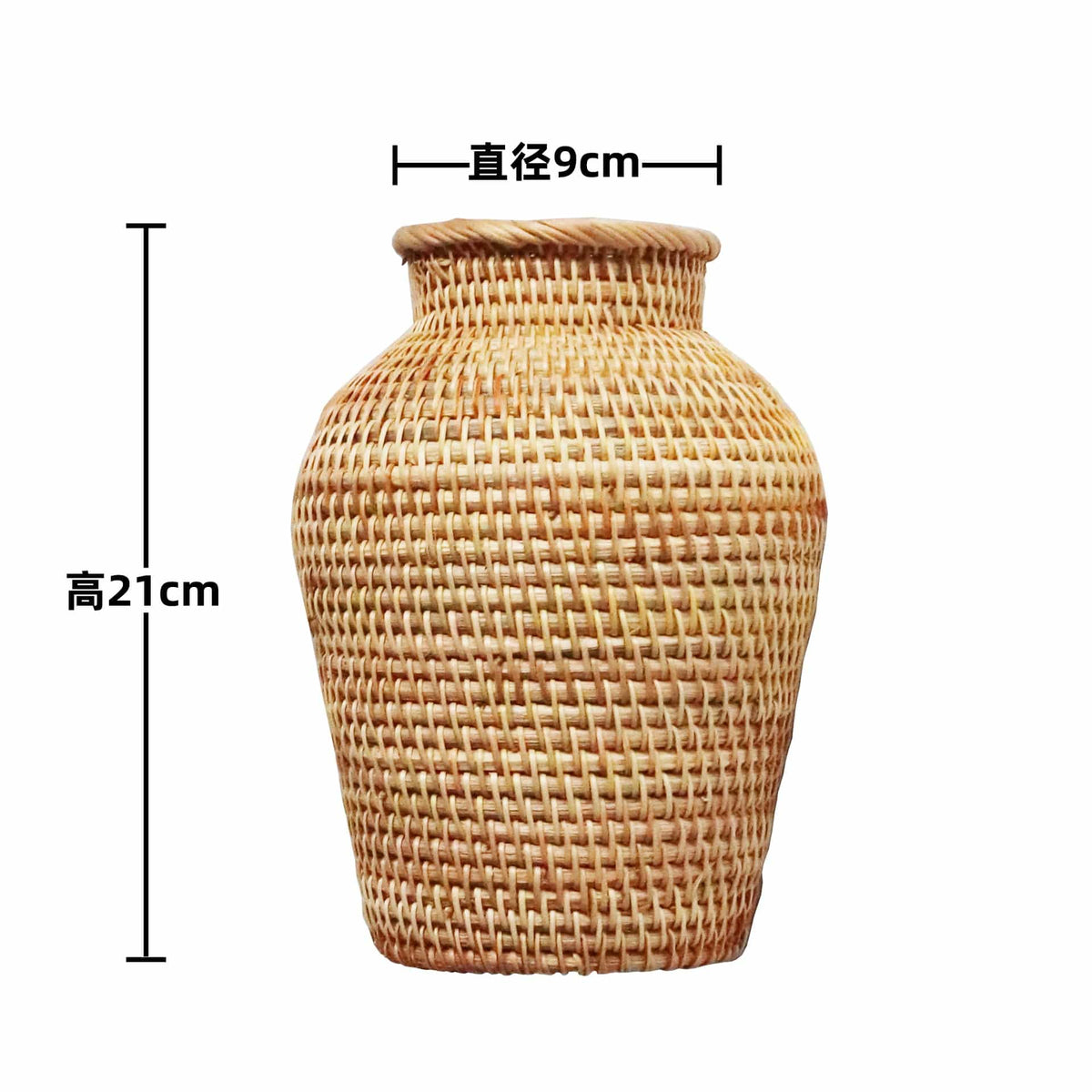 Classic slender natural rattan vase – dimensions diagram
