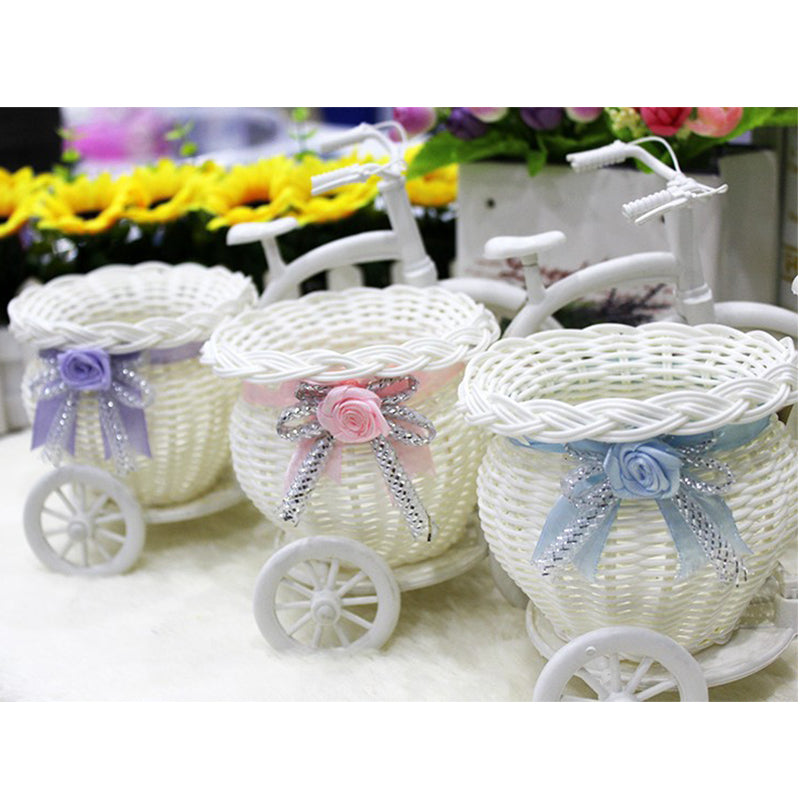 Rattan bicycle-shaped flower holder with a woven container – multiple views