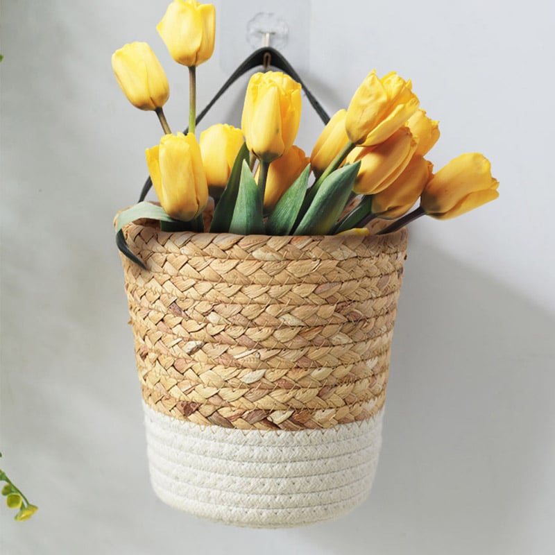 White hand-braided hanging rattan vase