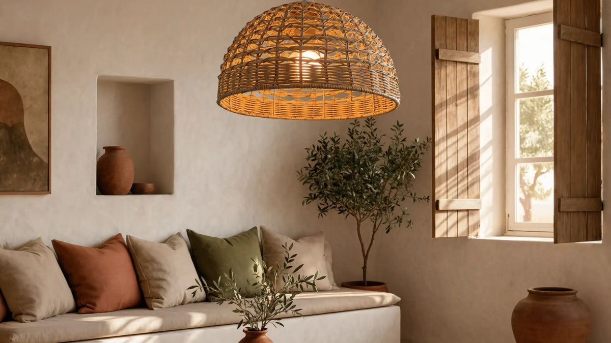 Sunlit living room with a woven rattan dome pendant light above a built-in sofa