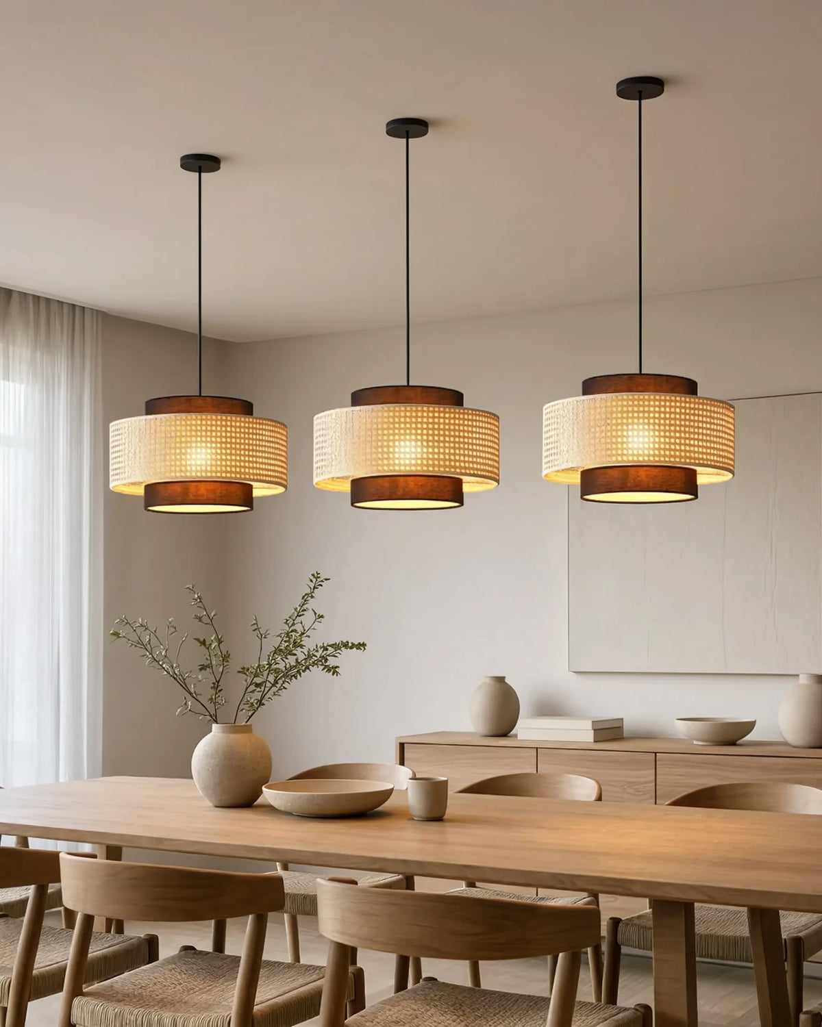 Dining room with three rattan cane drum pendants above a wood table