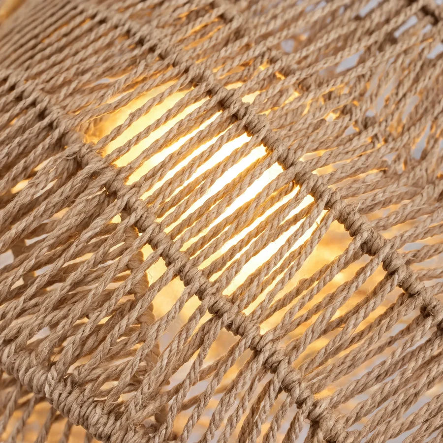 Close-up of a braided jute rope pendant shade