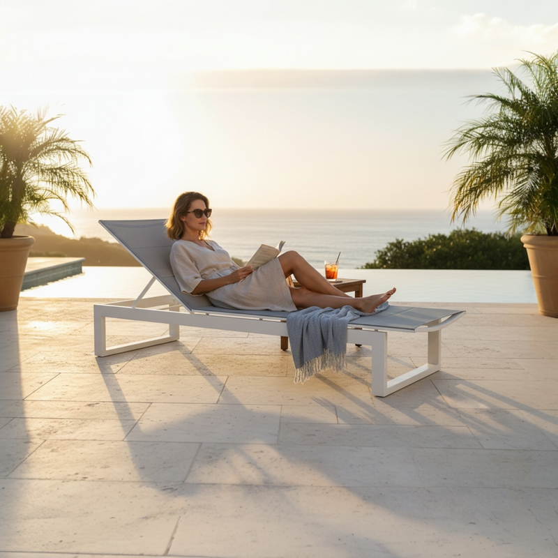 Como white aluminum chaise lounge with charcoal quilted sling – shown outdoors