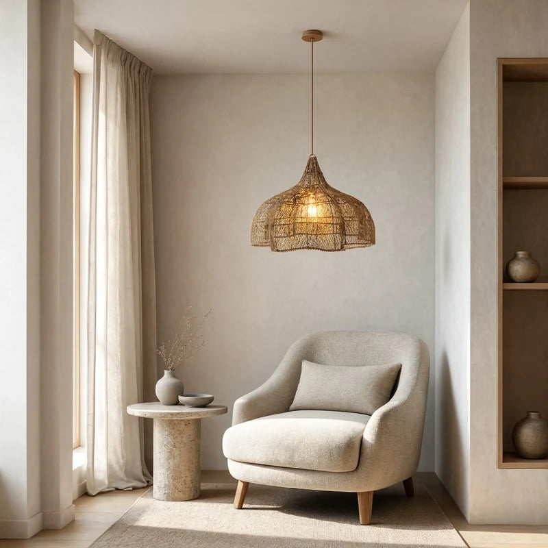 Taormine handwoven scalloped rattan pendant light – shown in a room setting
