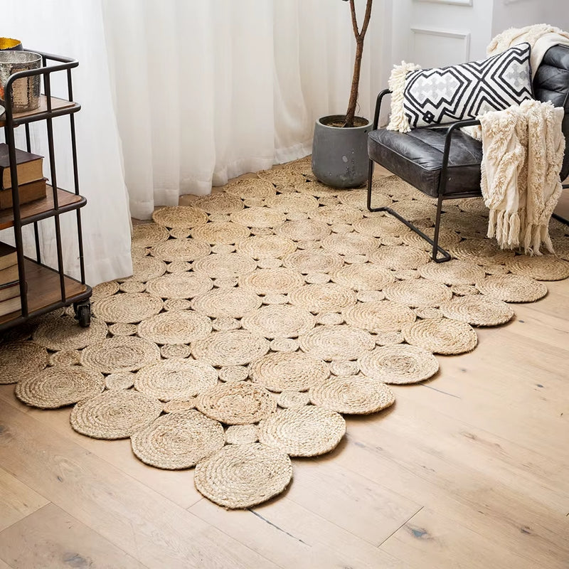 Large undyed natural jute rug with concentric circles – shown in a room setting